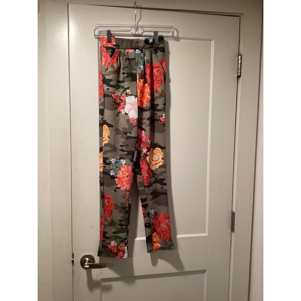 Evita Floral Camo Print Trousers High Waisted Tapered Pants E7672/C312 NEW